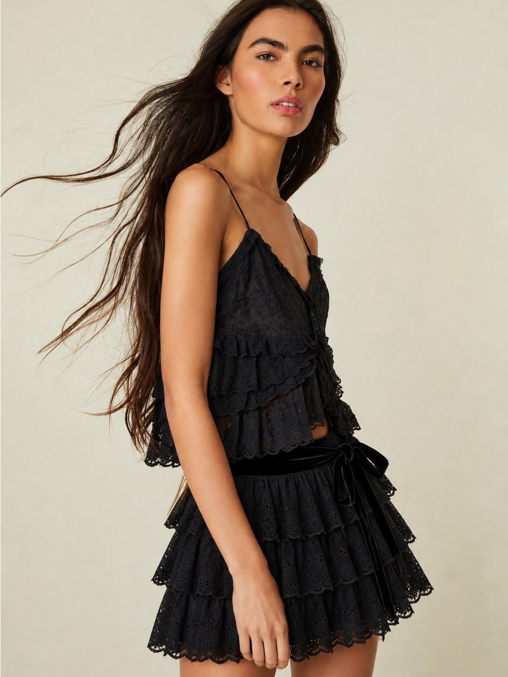 Loveshackfancy Romero Skirt and Abbott Top in Black, Set, Sz M